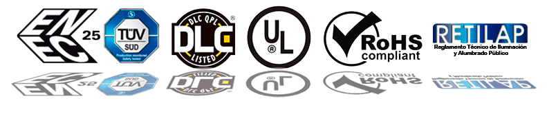 Certificaciones: ENEC, TUV, DLC, UL, ROHS COMPLIANT, RETILAP